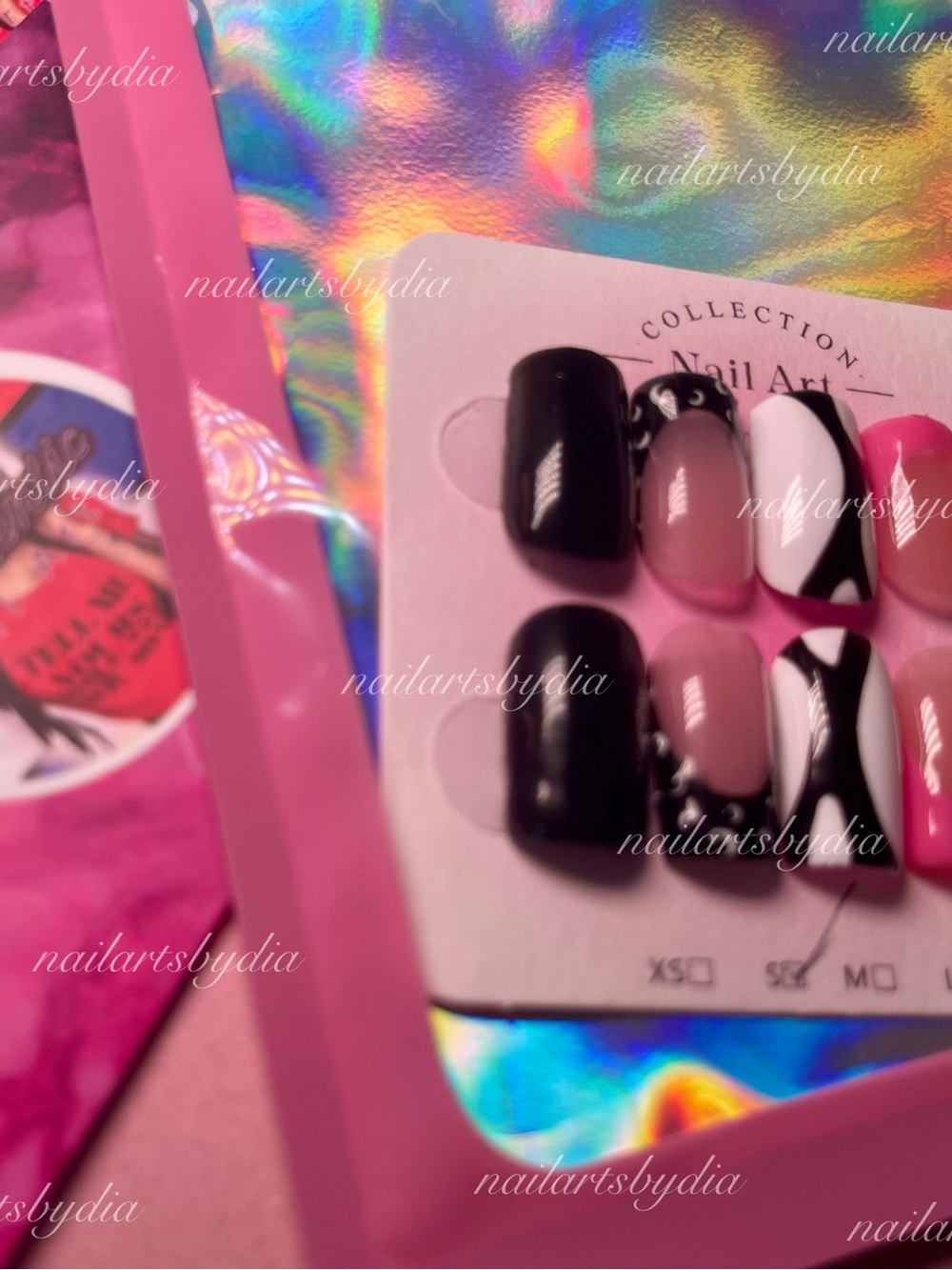 Press-On Nail Set — Black, Pink & White Nail Art